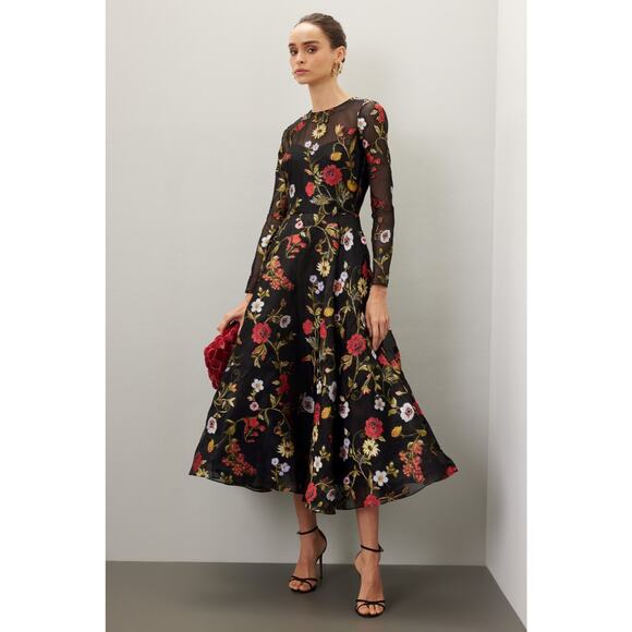OSCAR DE LA RENTA Black Floral Hand Embroidered Tulle Beaded Midi Dress Size 6 - Picture 2 of 13
